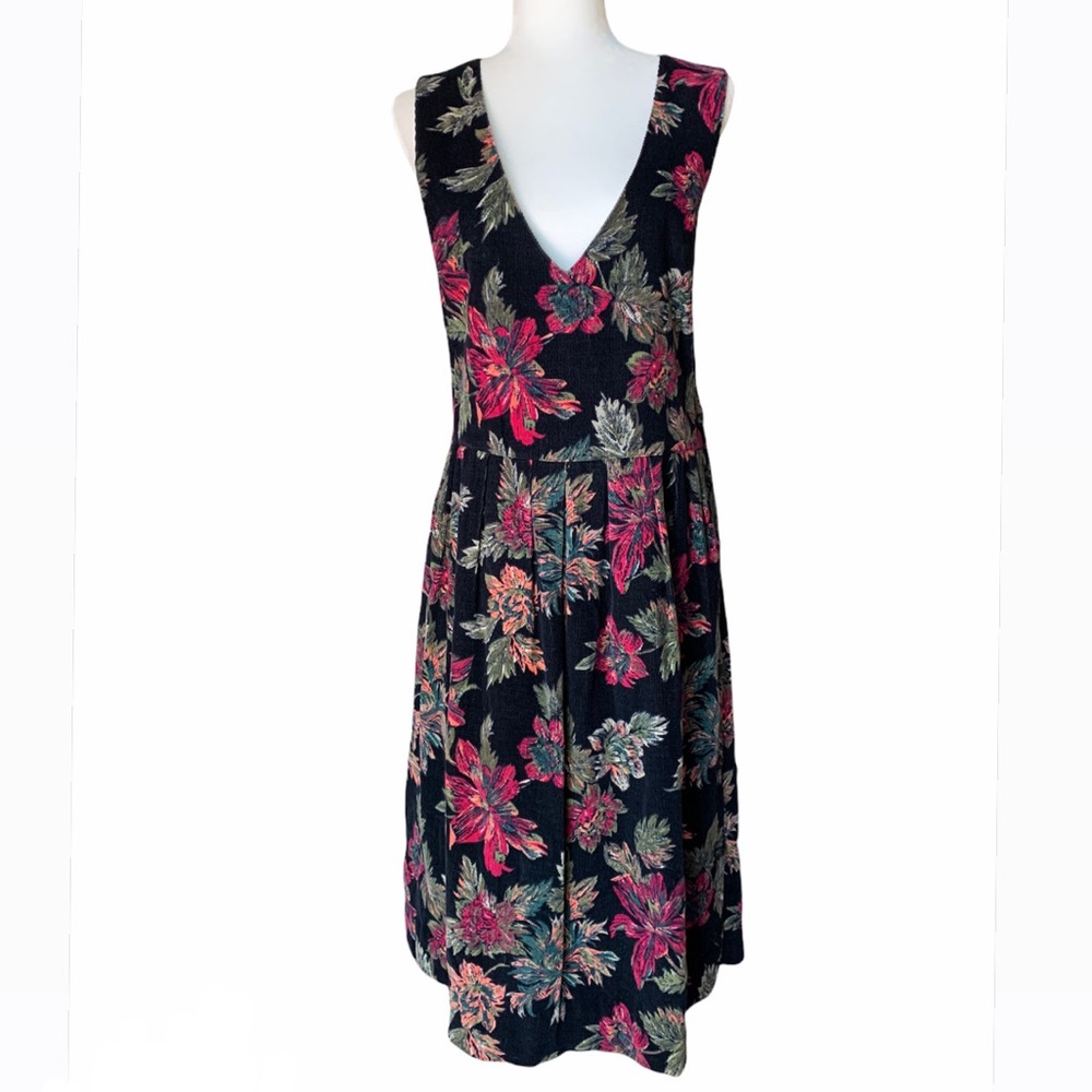 Vintage Leslie Fay Black Corduroy Floral Dress
